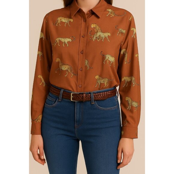 r2 Women’s XL Brown Satin Animal Print Button-Front Shirt – Cheetah Pattern – NW - Picture 8 of 8